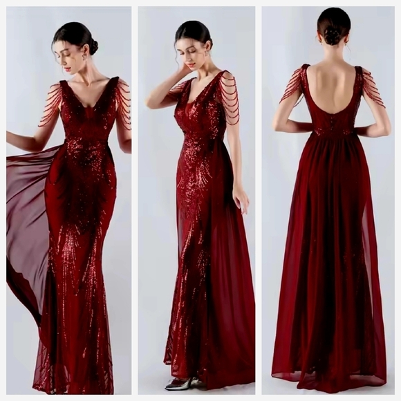 Red Sequin Backless V-Neck Gown - Picture 1 of 10